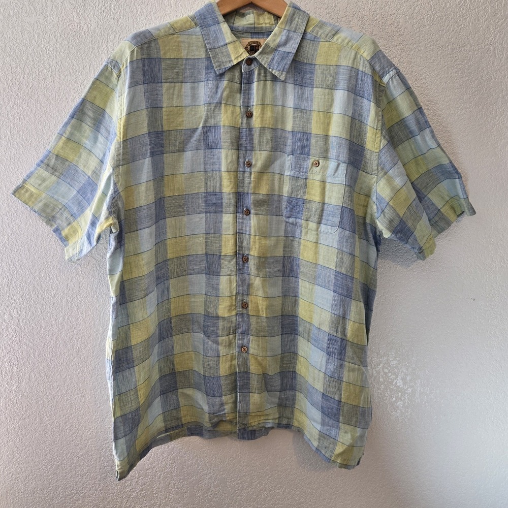 Pusser's West Indies 100% Linen‎ Plaid Button Up Shirt Mens XXL Blue Green Short